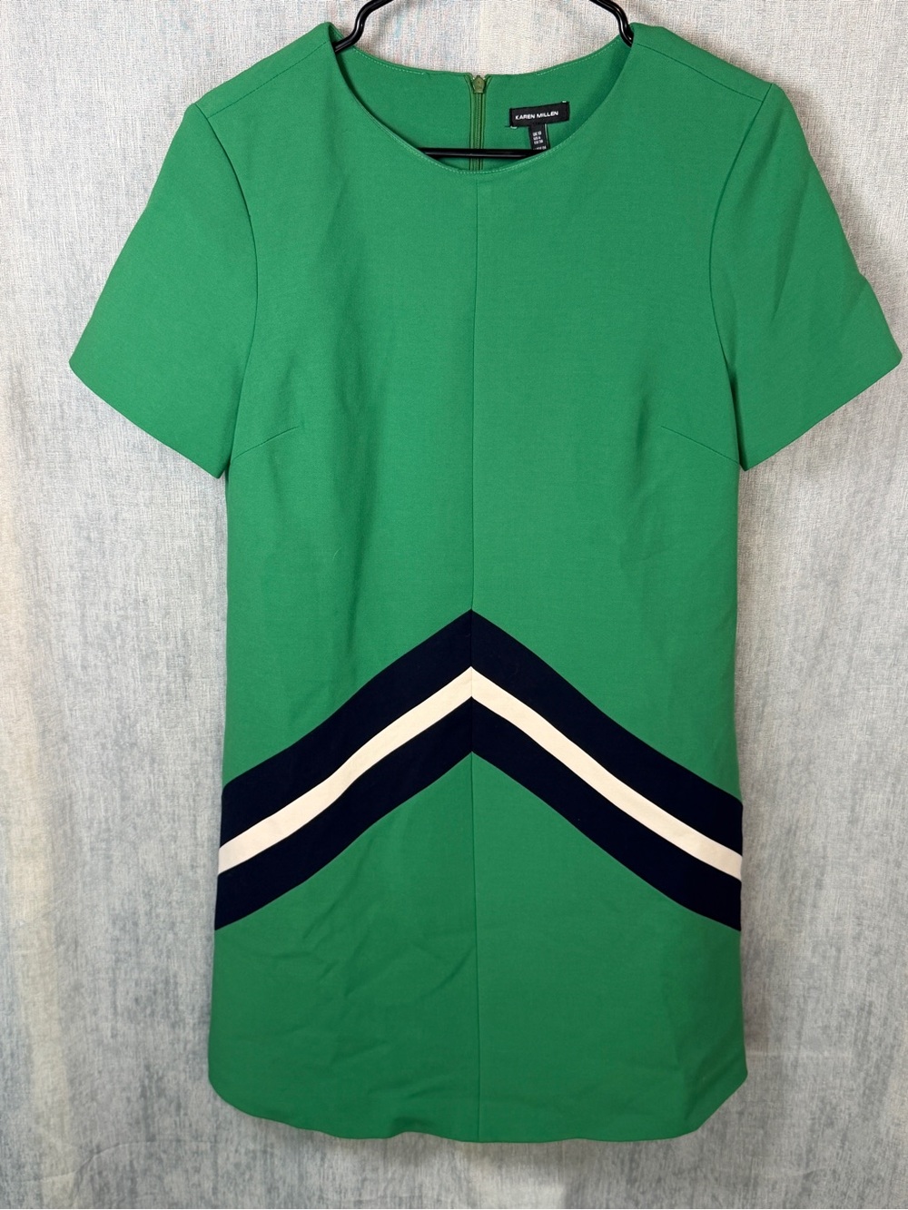 Stunning Karen Millen Green Chevron Navy Color Block Shift Dress US 6 Pockets